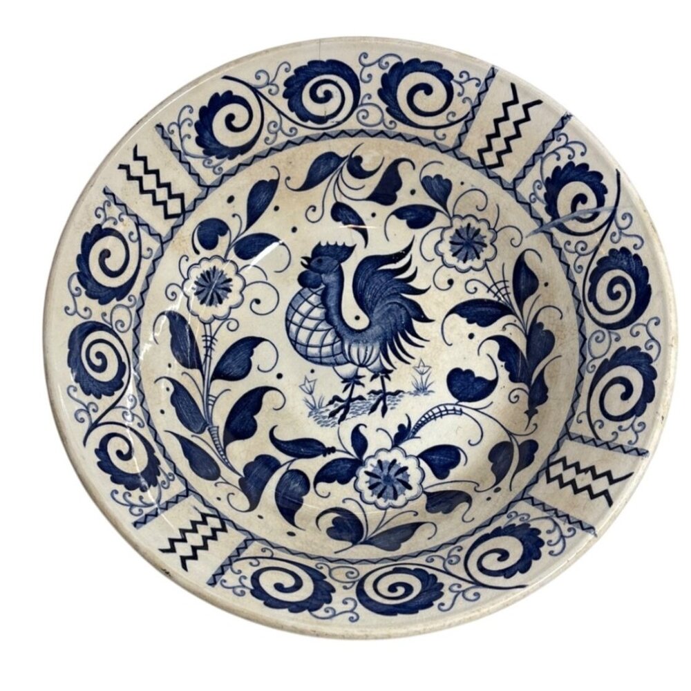 Johnson Brothers Serving Bowl Chanticleer Ironstone Blue & White Rooster READ